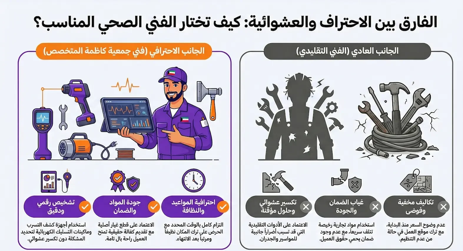رسم يوضح الفرق بين فني صحي جمعية كاظمة المحترف والعادي