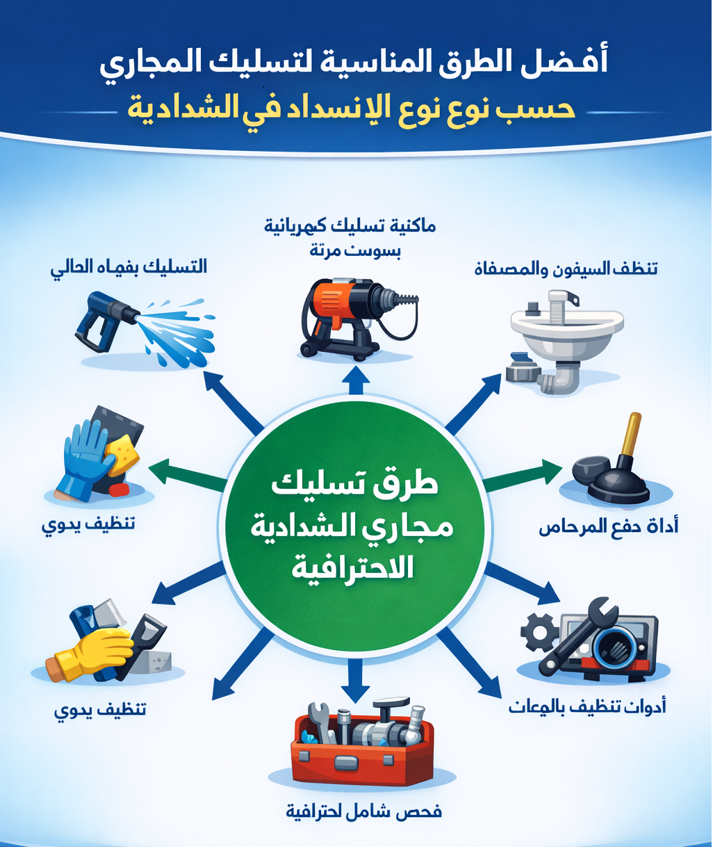 رسم يوضح أفضل طرق تسليك مجاري الشدادية