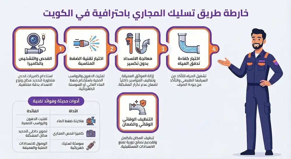 رسم يوضح كيف تتم عملية تسليك المجاري في الكويت