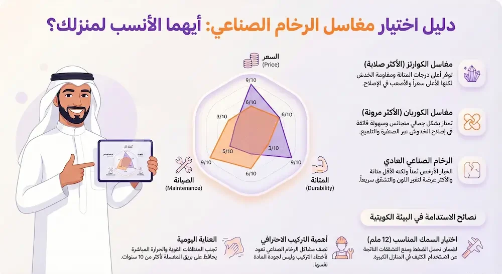 مقارنة بين مغاسل الرخام الصناعي والكوريان والكوارتز