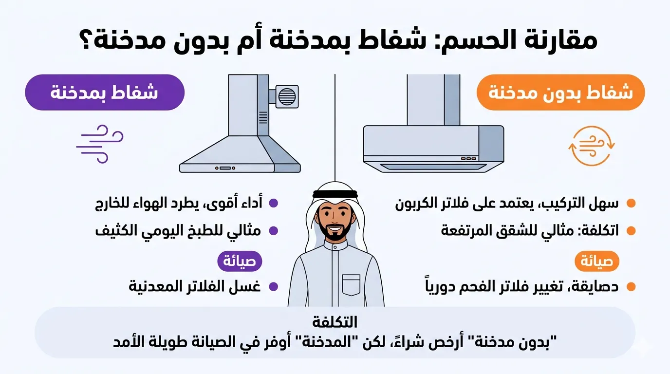 الفرق بين شفاط مطبخ مدخنة وشفاط بدون مدخنة