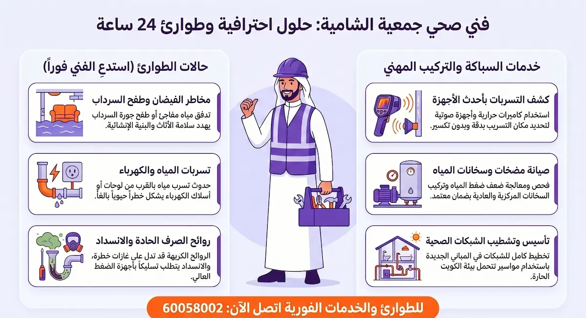 متى تحتاج فني صحي في الشامية بشكل عاجل؟